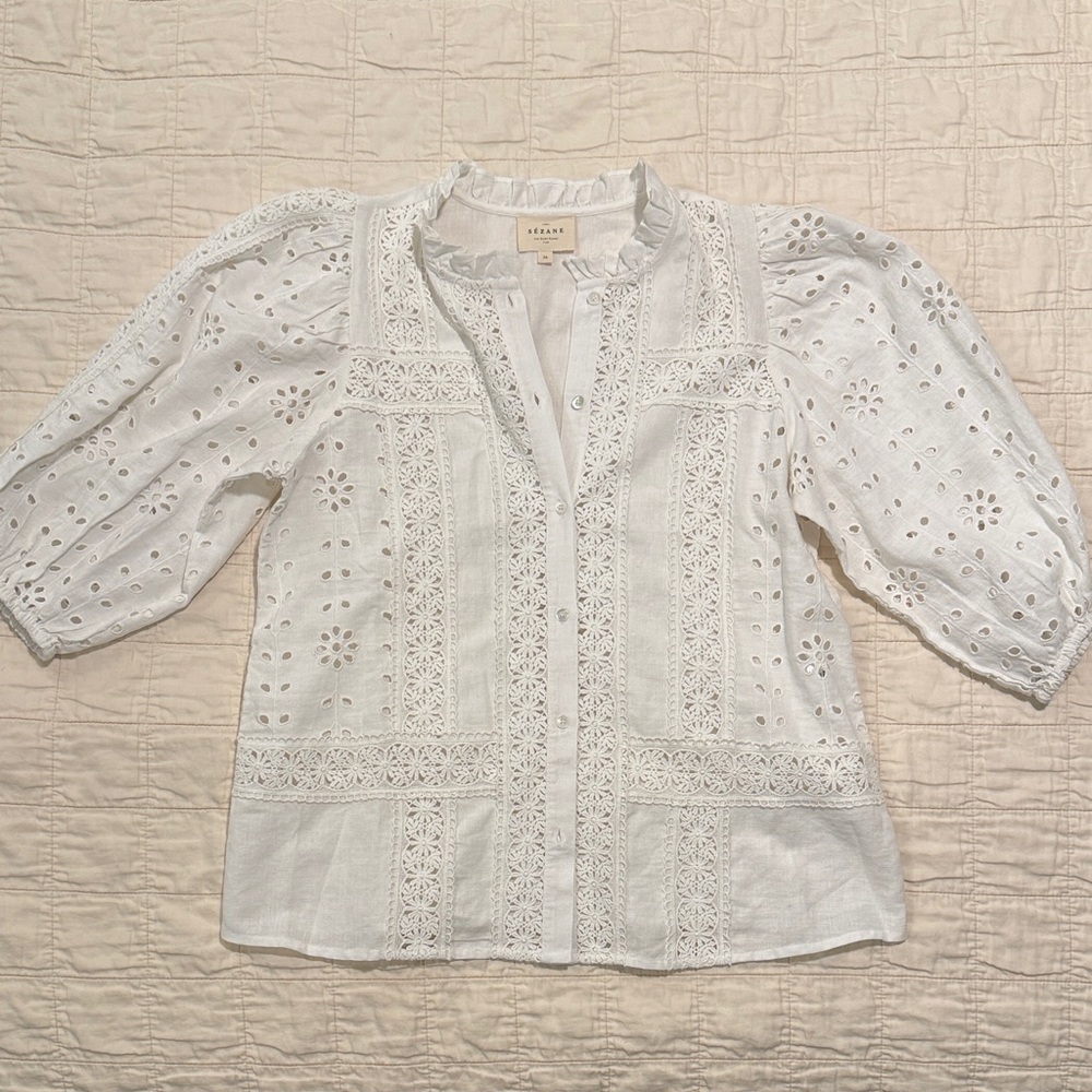 Sezane White Eyelet Lace Button-Up Blouse